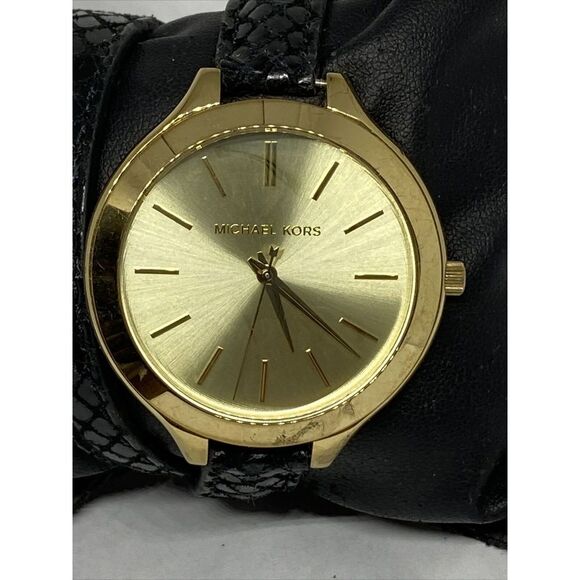 Michael Kors MK2315 Women Black Leather Analog Champagne Dial Quartz Watch XR514 - Picture 2 of 12